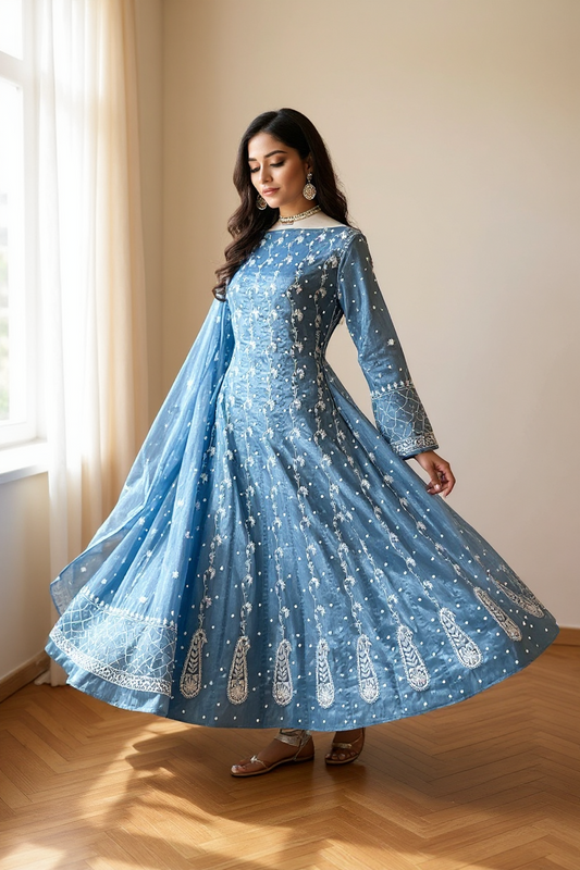 Blue Tissue Chanderi Silk Anarkali with Chikankari & Embellishments