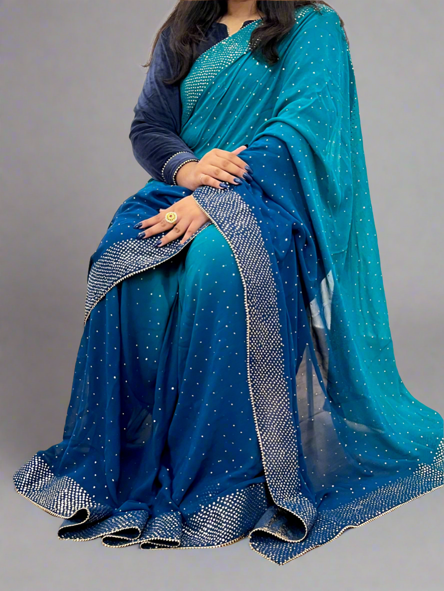 Mukaish Saree in Peacock Blue-Green Ombre