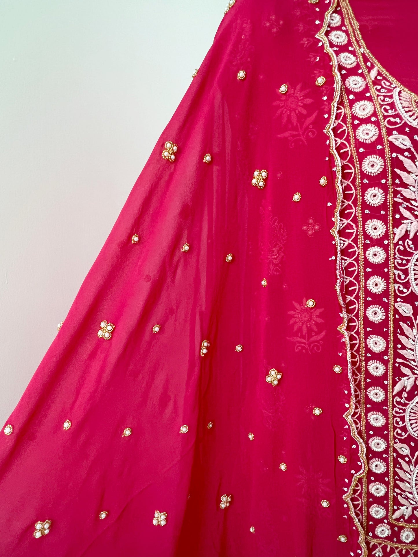 Soft Red Pure Georgette Suit with Chikankari & Embellishments