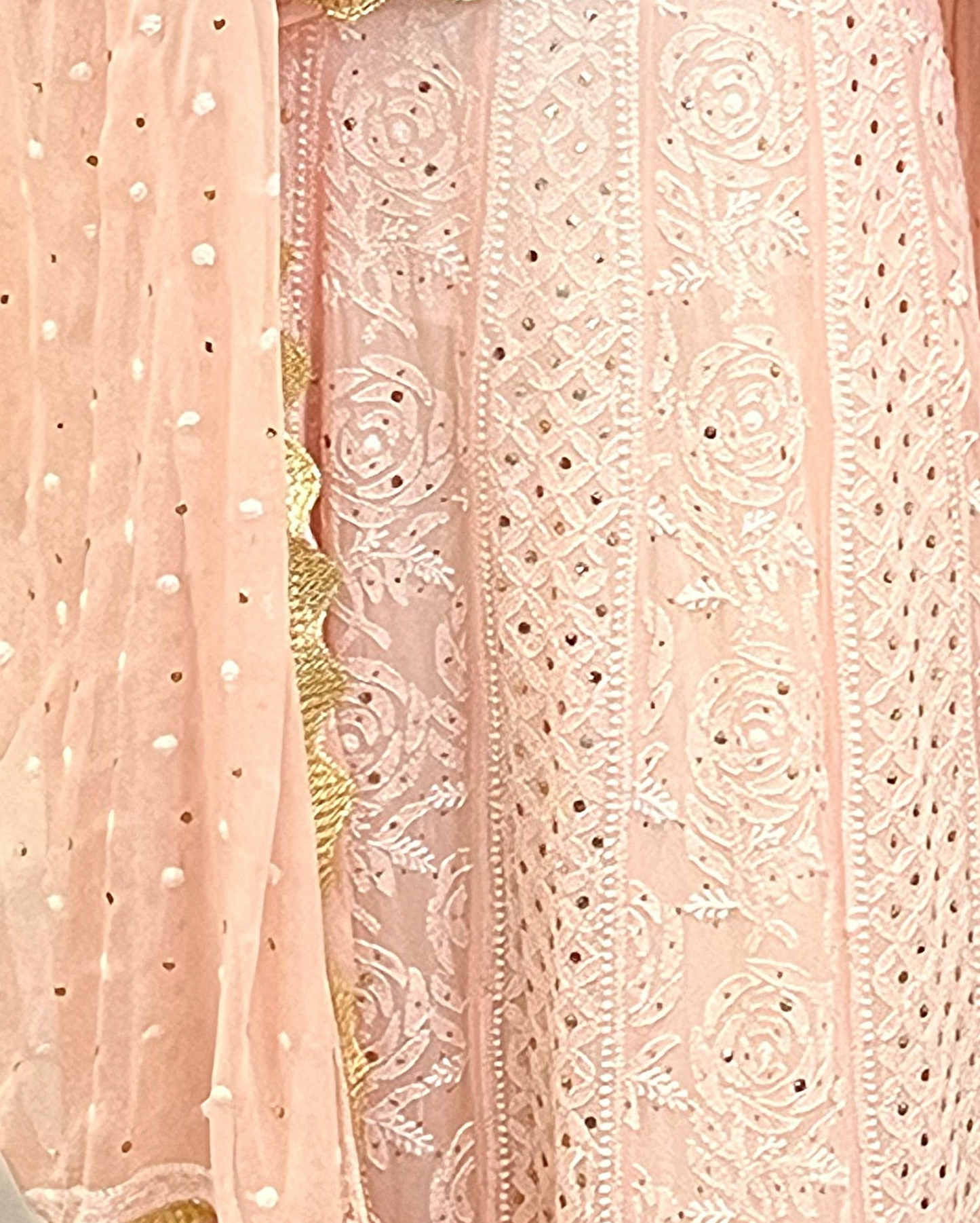 Pastel Peach Chikankari & Mukaish Anarkali – Pure Georgette Elegance