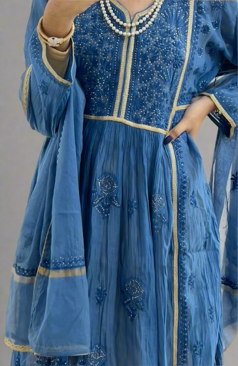 Blue Mul Peshwaz with Chikankari & Kamdani