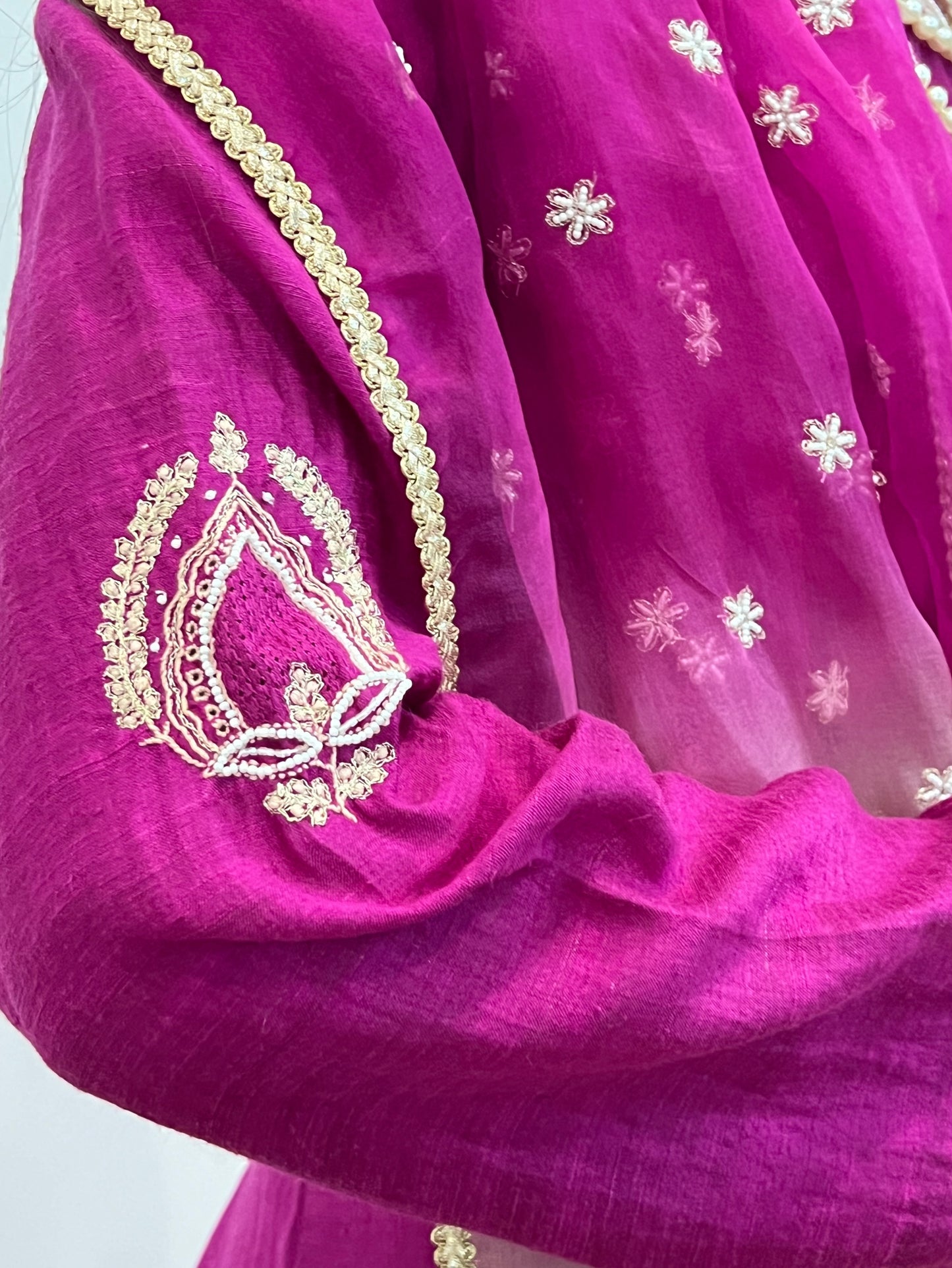 Fuchsia Rose Pure Silk Suit with Chikankari & Embellishments