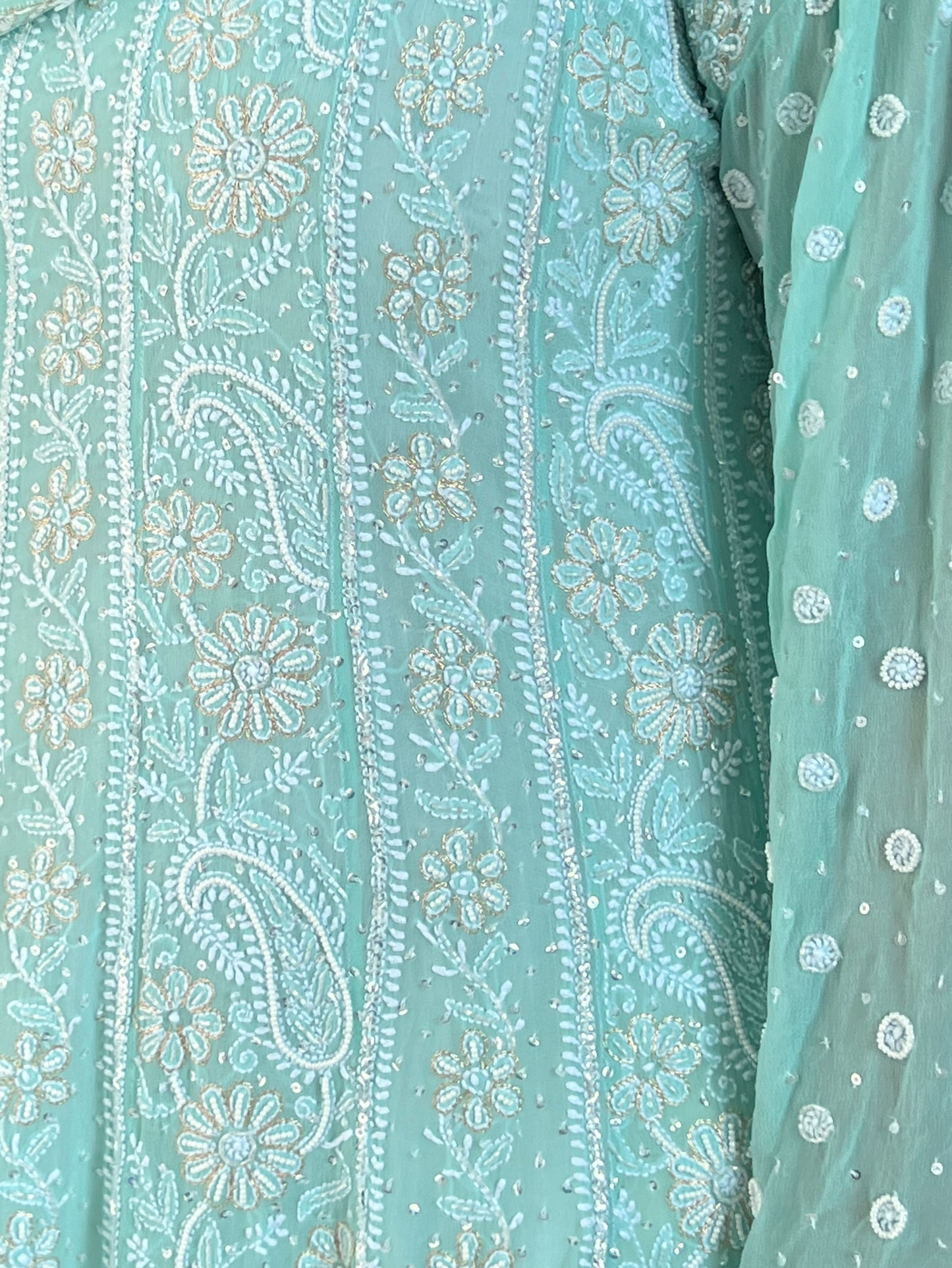 Mint green Anarkali featuring intricate Chikankari embroidery and embellishments on luxurious Georgette fabric.