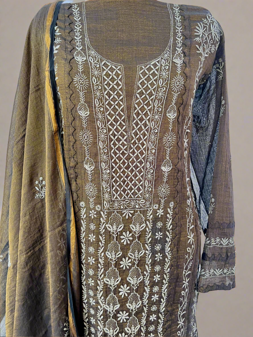 Black Golden Tissue Chanderi Silk with Chikankari, Appliqué & Haath Jaali