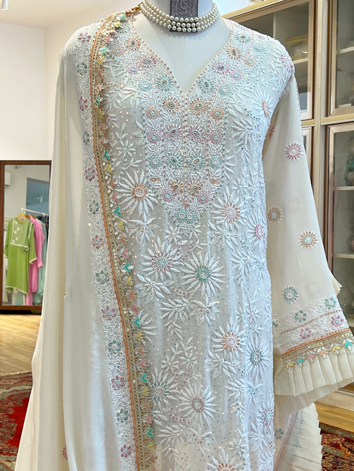 Off White Chikankari and Embellishments Suit