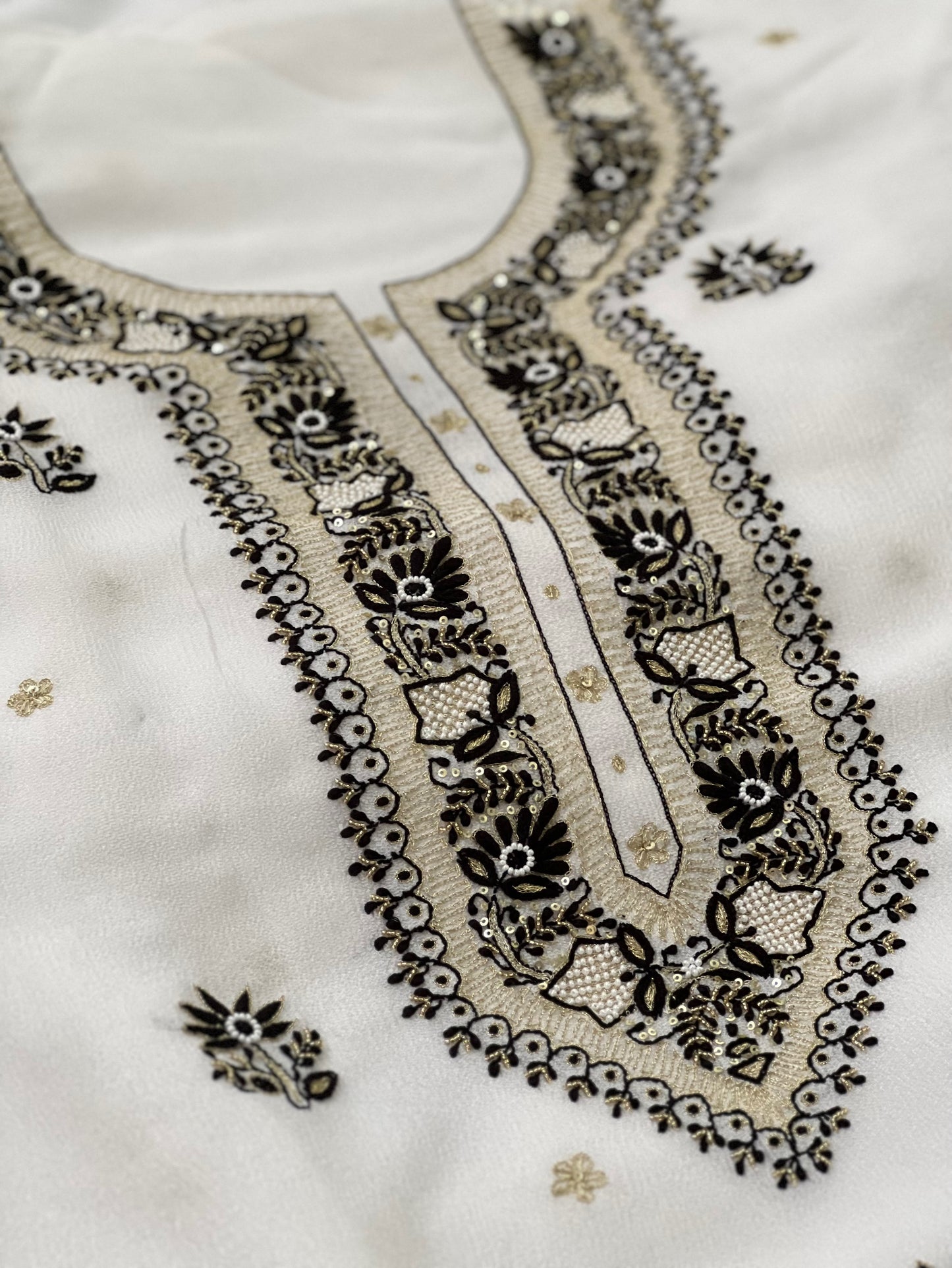 Black & White Crinkle Chiffon Suit with Chikankari and Embellishments