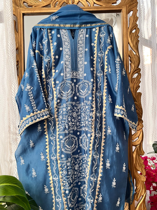 Blue Pure Chanderi Silk Kurta Set with Chikankari and Applique