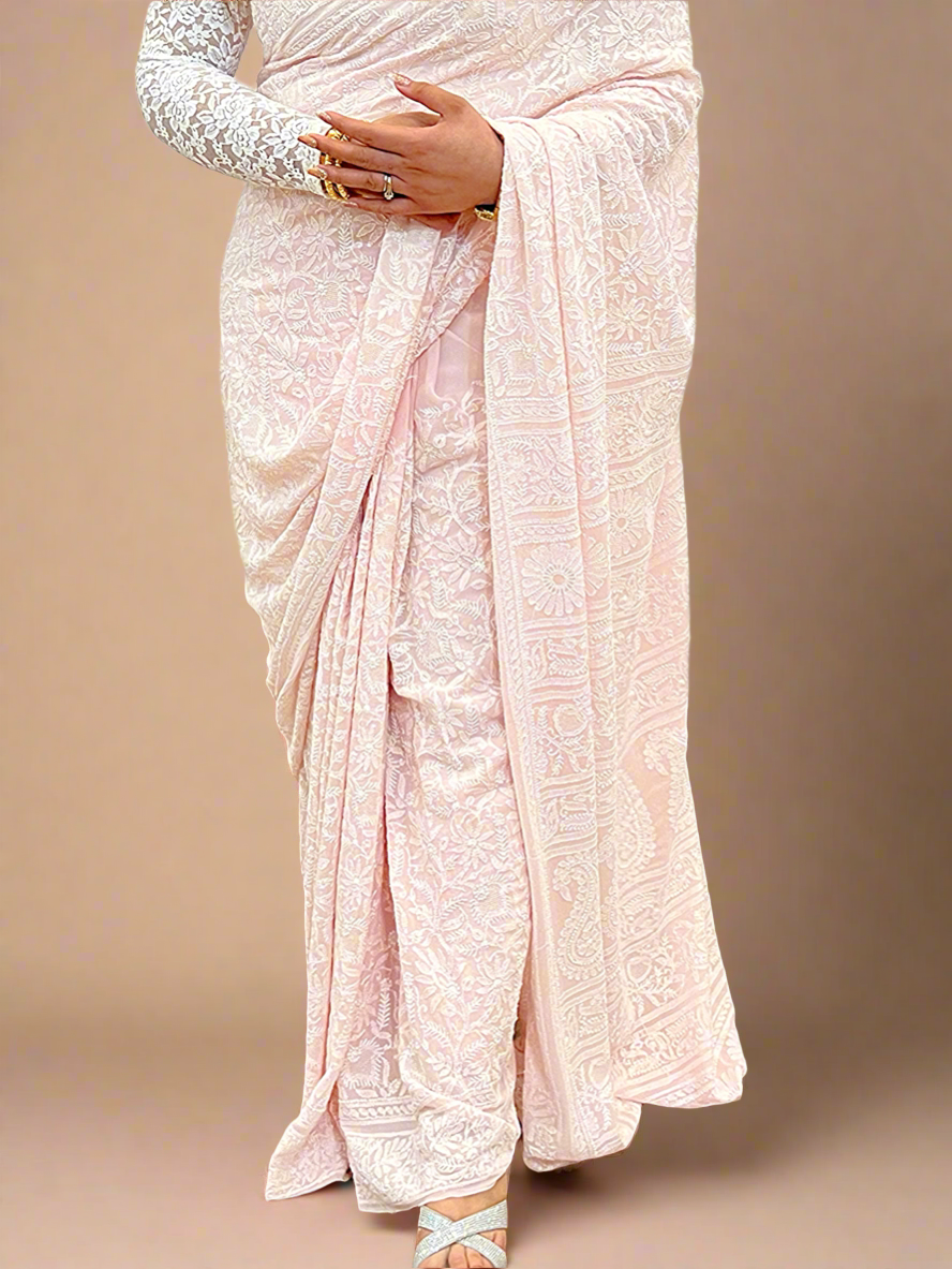 Dewy Pink Pure Georgette Saree with Chikankari & Haath Jaali