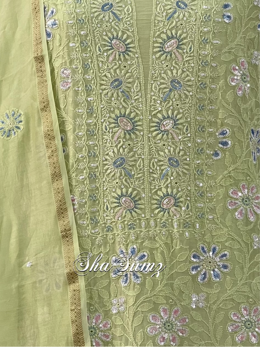 Pista Green Chanderi Suit with Chikankari & Embellishments