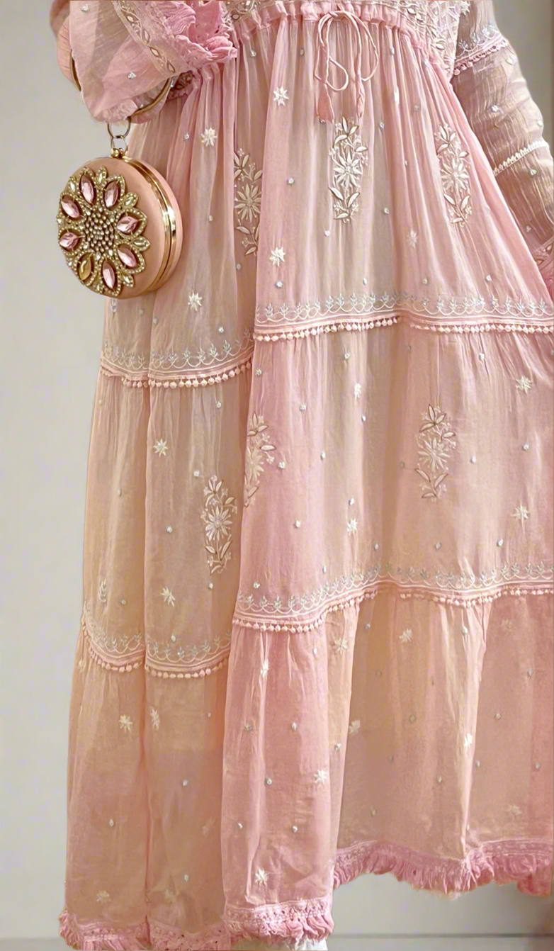 Powder Pink Dress with Chikankari & Embellishments