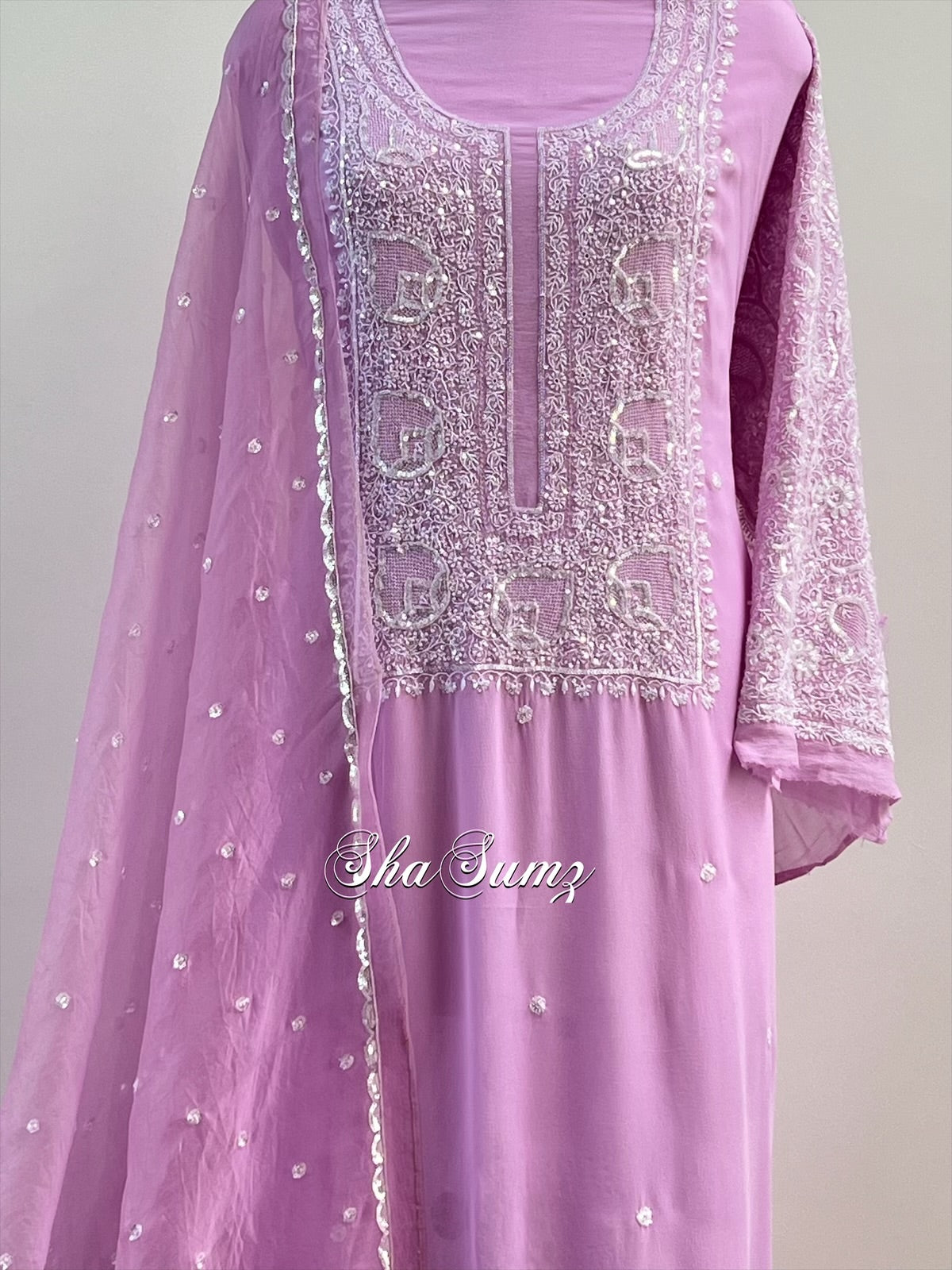 Lavender Pure Georgette Suit with Chikankari & Embellishments