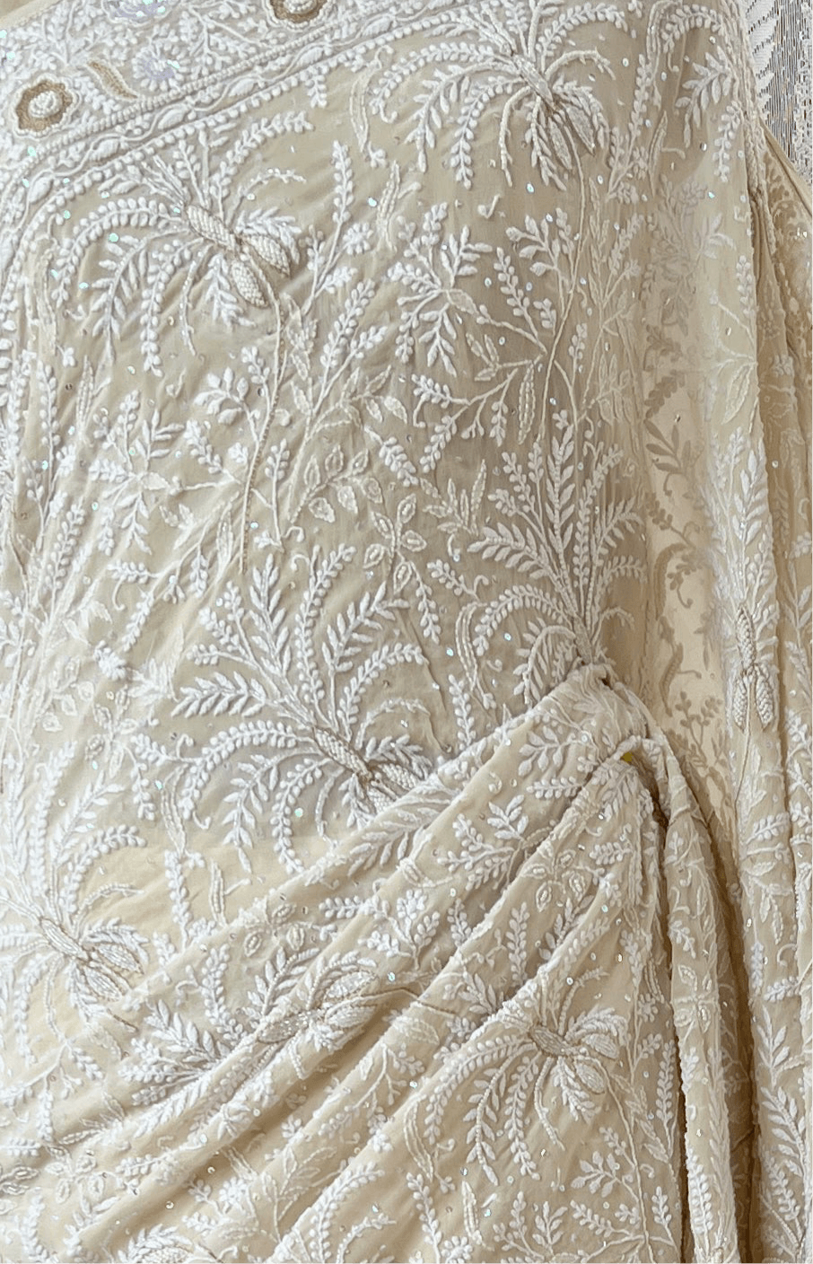 Ivory Pure Georgette Saree with Chikankari & Embellishments