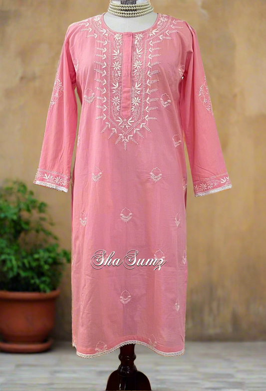 Pink Cotton Kurti with Chikankari