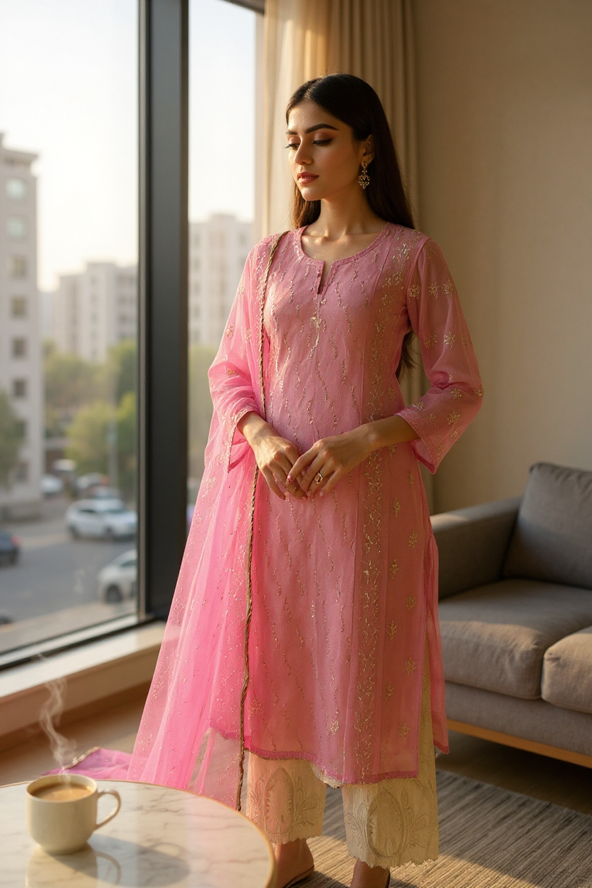 Model wearing a Pink Organza Suit with Mukaish embroidery, styled elegantly in a modern living room.