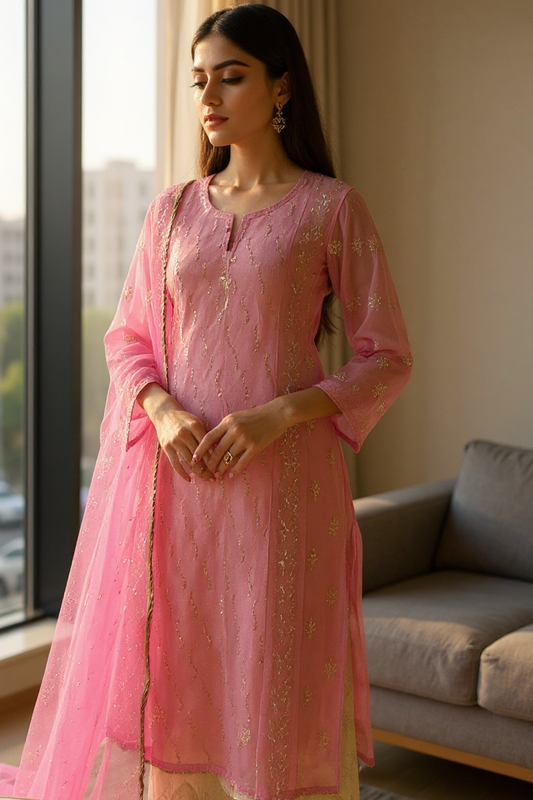 Model wearing a Pink Organza Suit with Mukaish embroidery, styled elegantly in a modern living room.