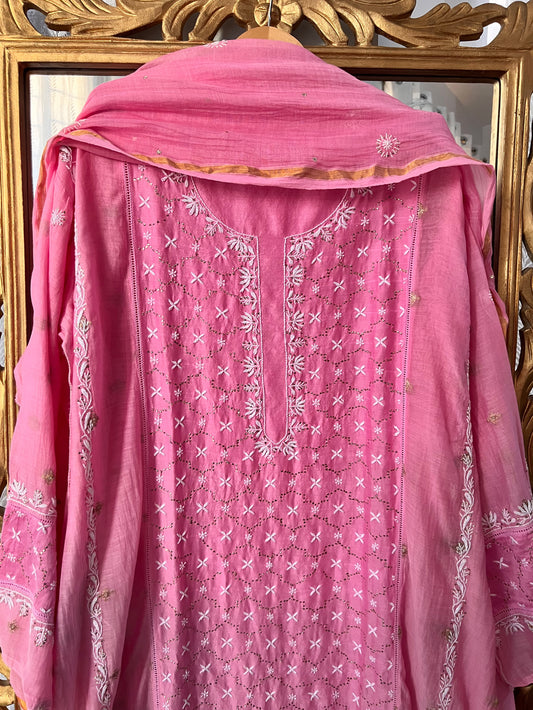 Pink Chikankari & Mukaish Chanderi Silk Suit Set