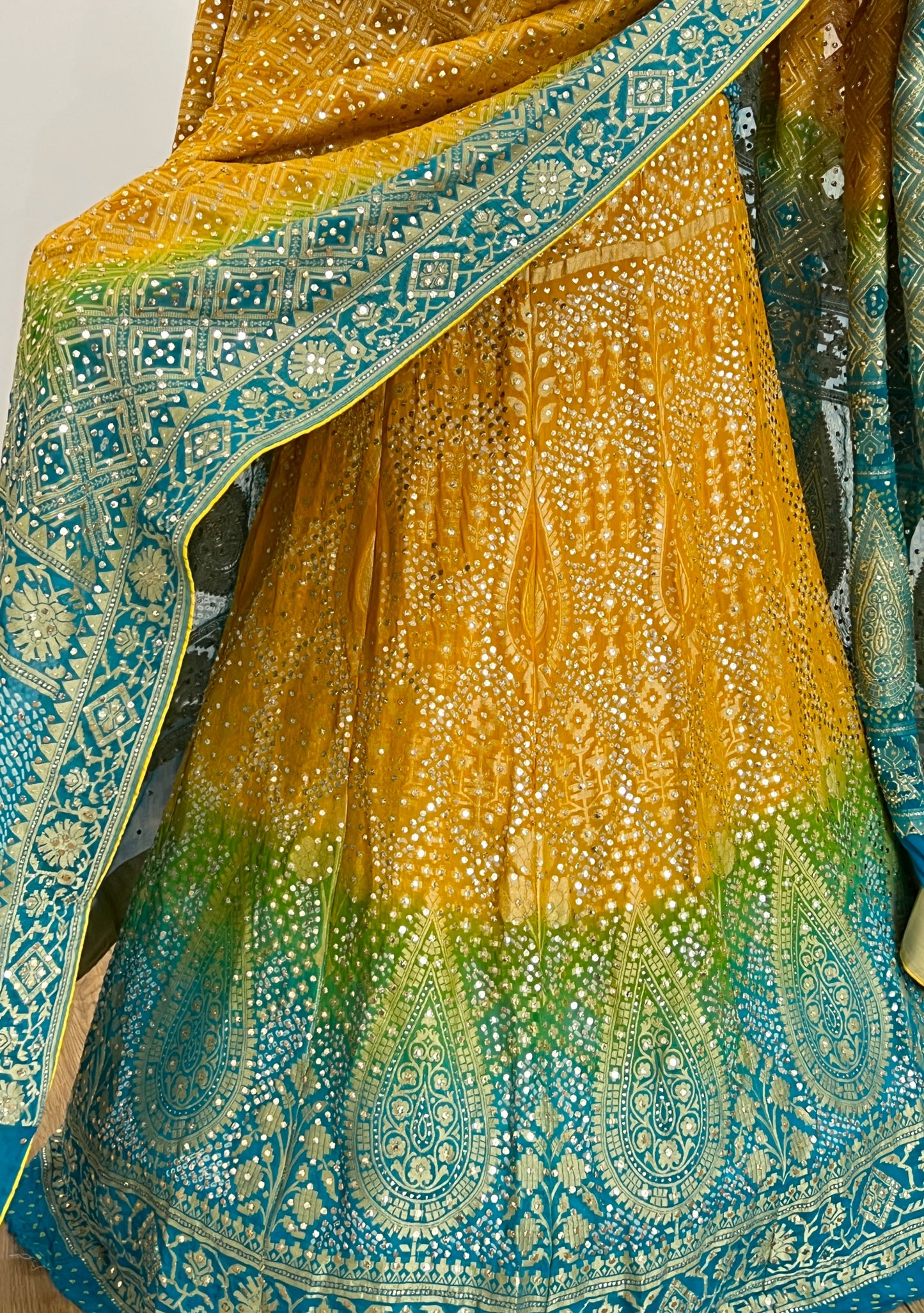 Multicolour Mukaish Bandhej Lehanga Set