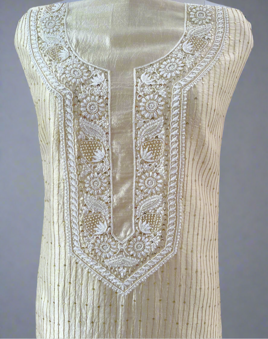 Pure silk Chikankari kurta showcasing intricate embroidery and embellishments, perfect for elegance on special occasions.