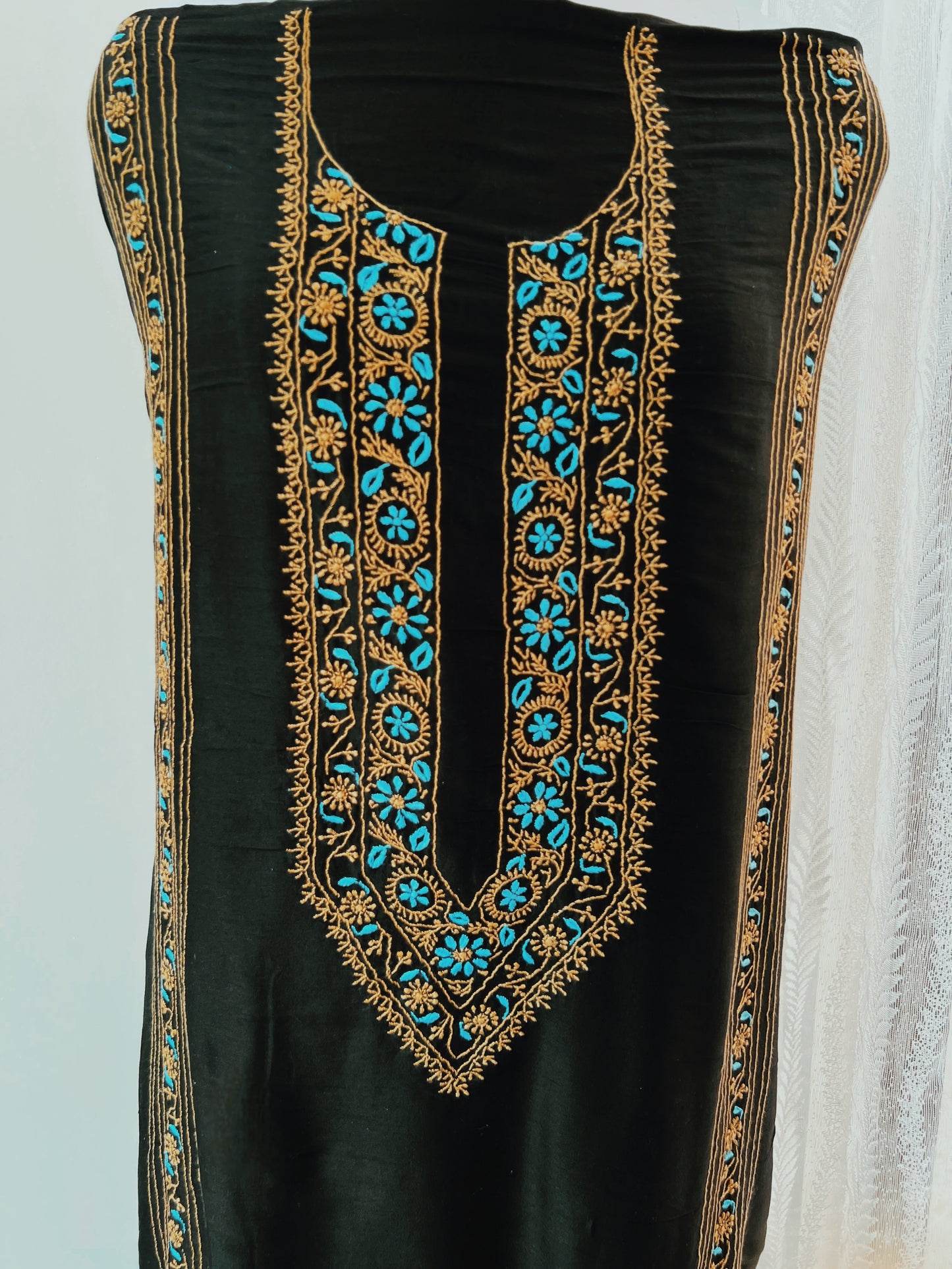 Black Chanderi Kurta with coloured Chikankari