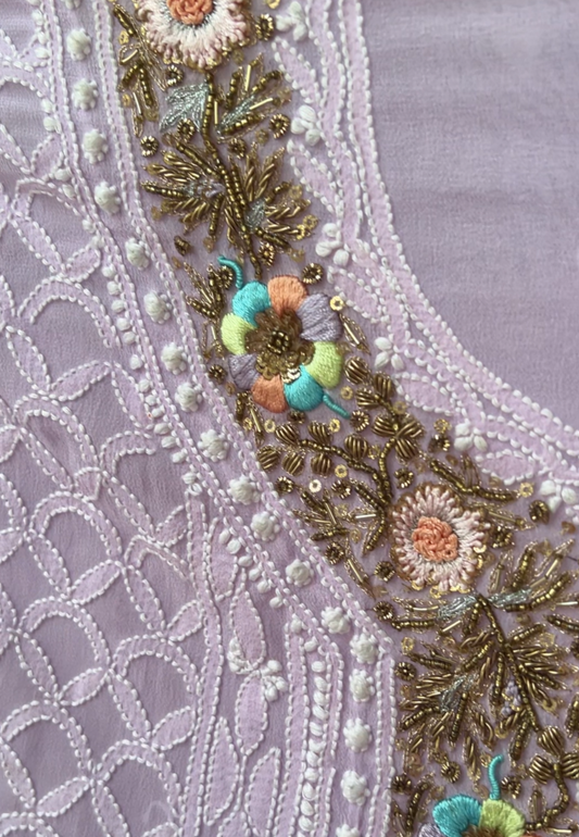Lavender Luxe: Pure Georgette Suit with Chikankari & Zardozi