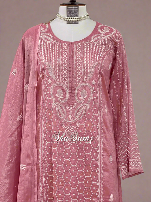 Onion Pink Tissue Chanderi Suit with Chikankari & Pearls