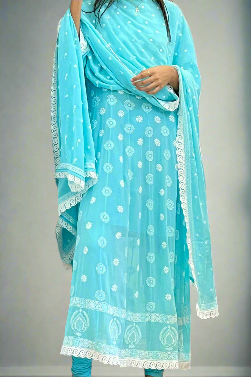 Aqua Blue Anarkali with Chikankari