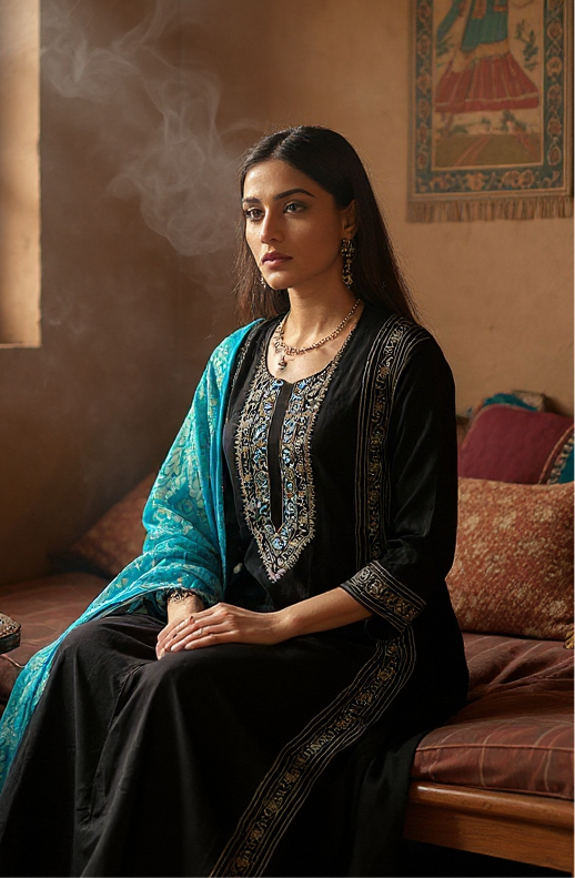 Black Chanderi Kurta with coloured Chikankari