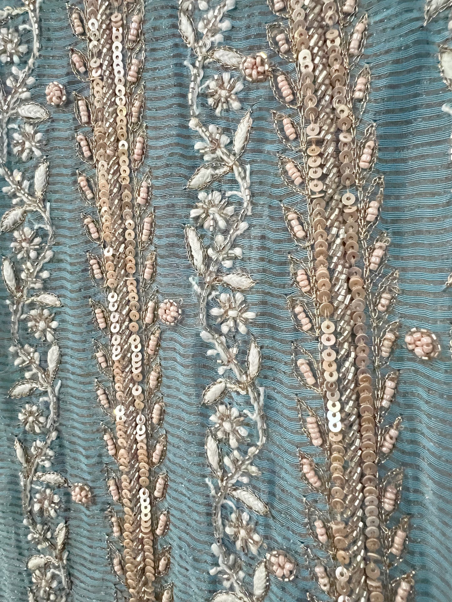 Blue Striped Tissue Chanderi Anarkali - Chikankari and Embellishments