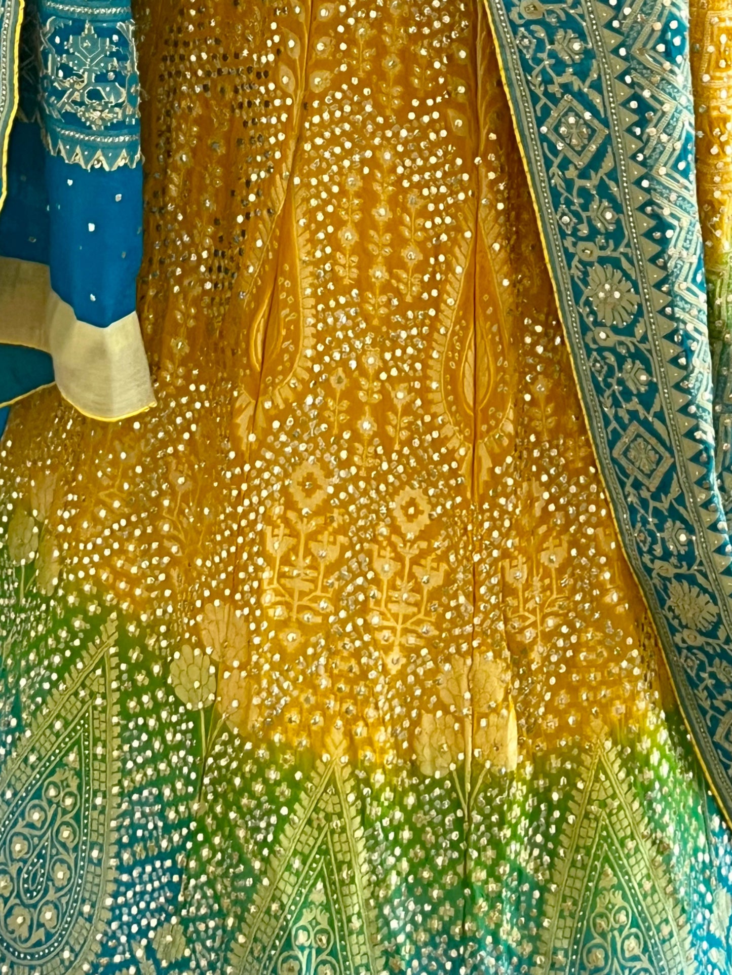 Multicolour Mukaish Bandhej Lehanga Set