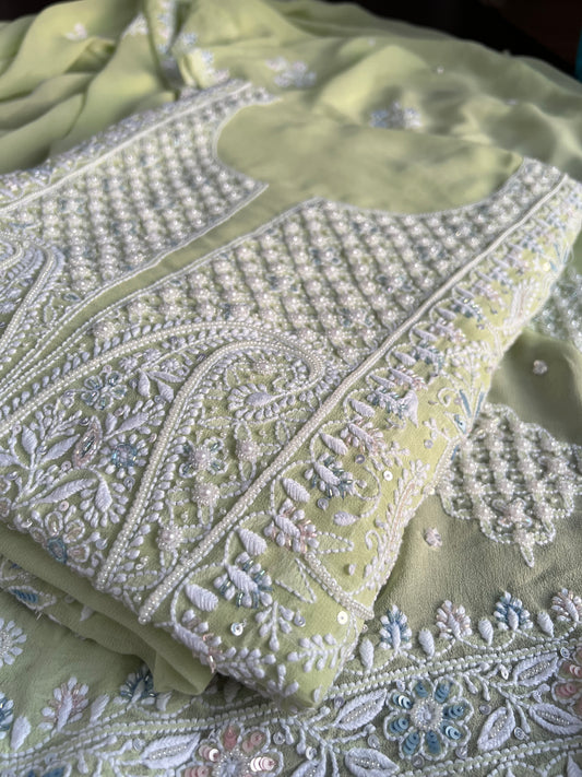 Pista Green Chikankari & Pearls Suit