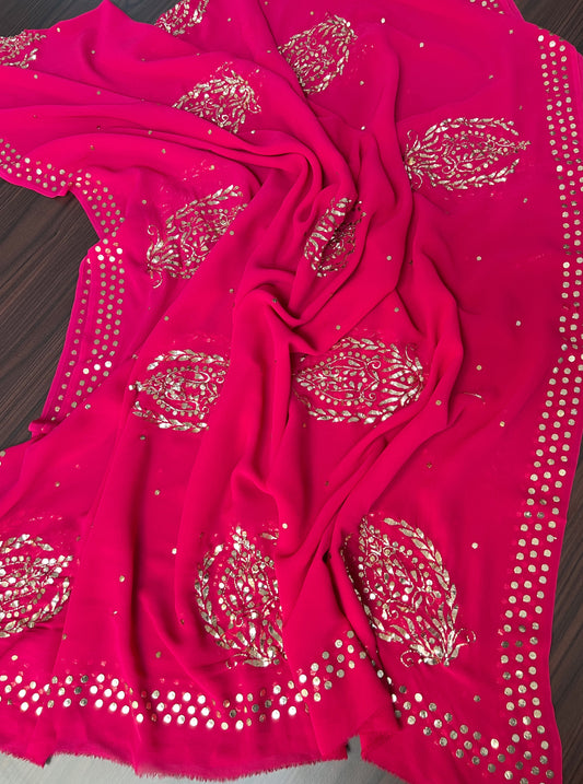 Rani Pink Pure Georgette Dupatta with Gold Mukaish Badla