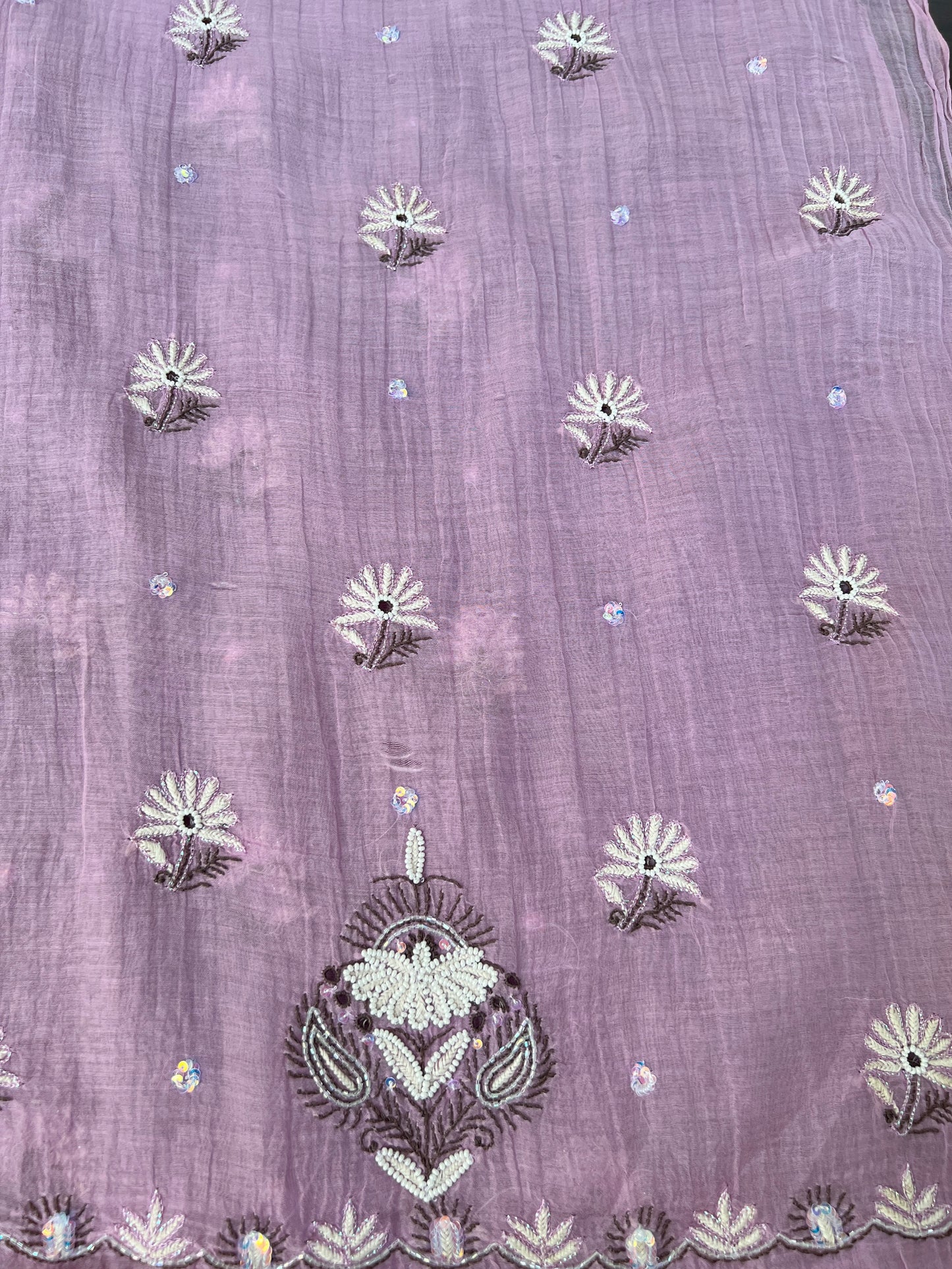 Mauve Mul Chanderi Hand Chikankari Suit with Pearls, Sequins & Cutdana