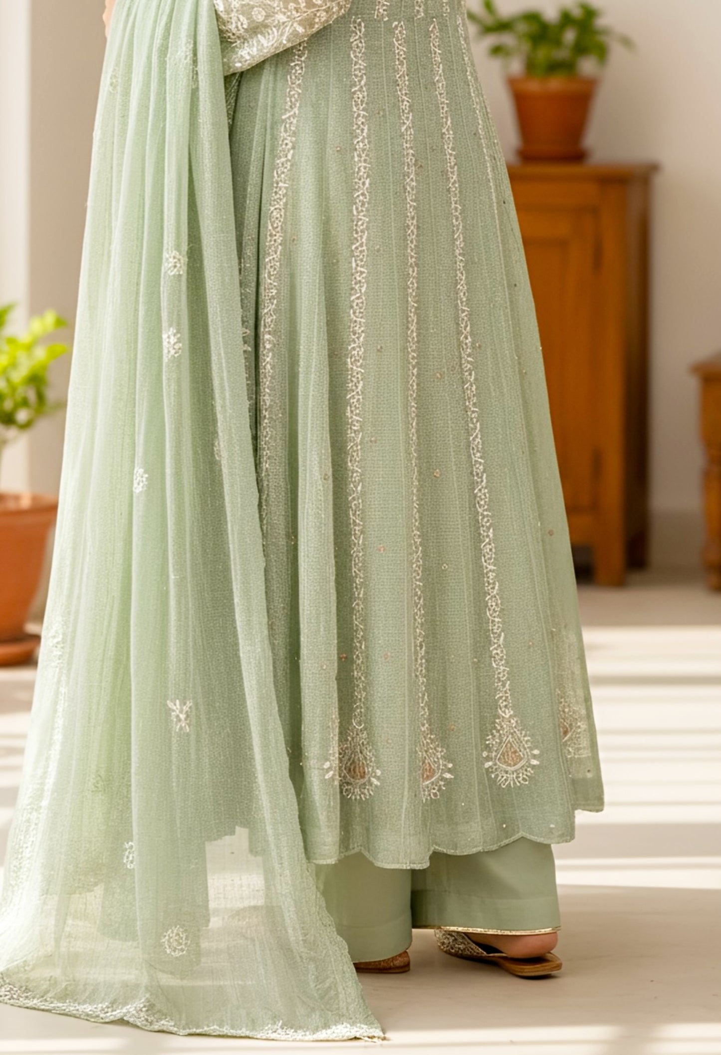 Sage Green Striped Tissue Chanderi Anarkali- Chikankari and embellishments