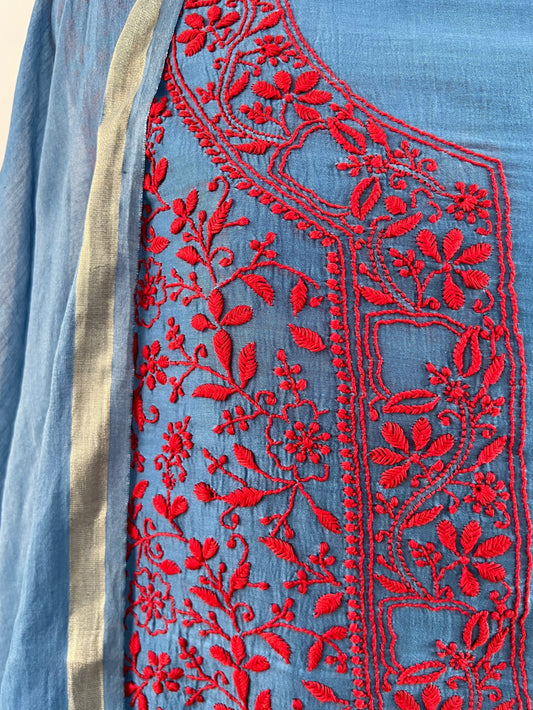 Blue Mul Chanderi Suit with Chikankari