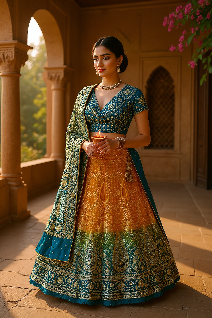 Multicolour Mukaish Bandhej Lehanga Set