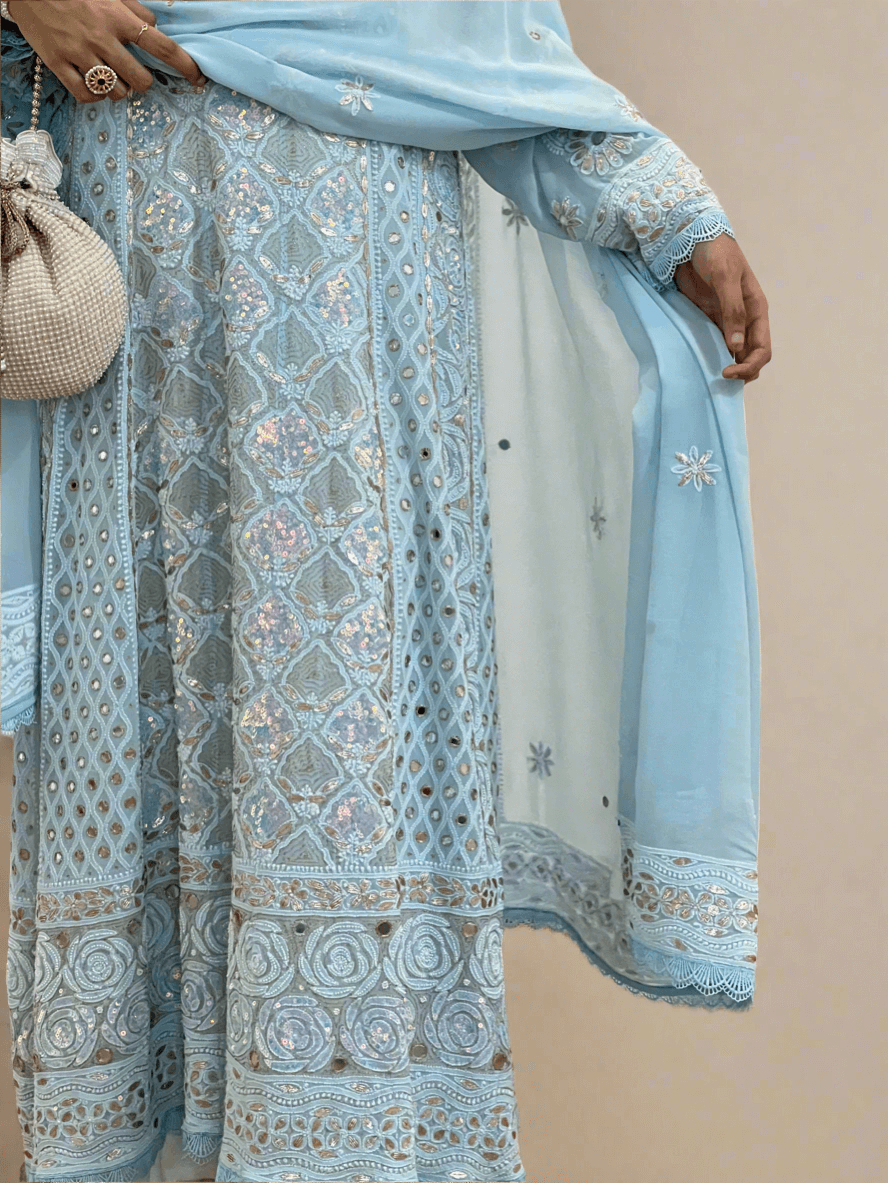 Powder Blue Anarkali with Chikankari & embellishments