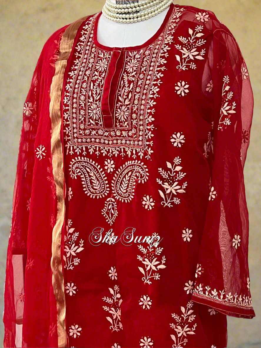 Crimson Red Organza Suit with Ivory Chikankari & Mukaish