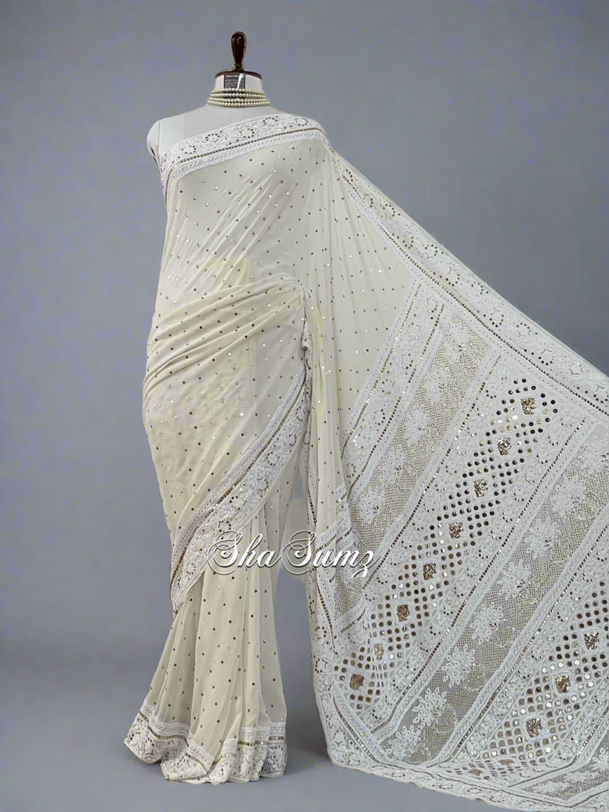 Saree with Chikankari & Mukaish Badla