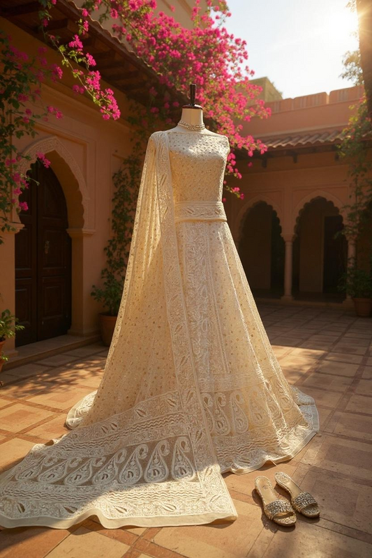 Chikankari & Mukaish Pure Georgette Lehenga Set – Dyeable & Unstitched