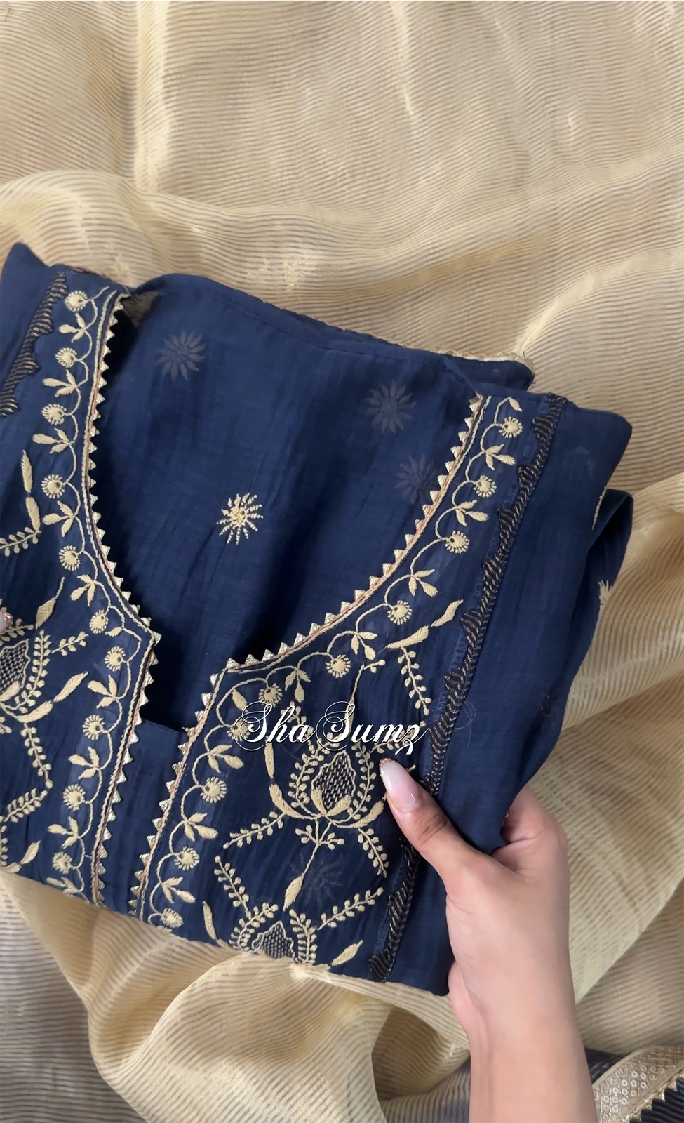 Midnight Blue Mul Chanderi Suit with Chikankari & Appliqué