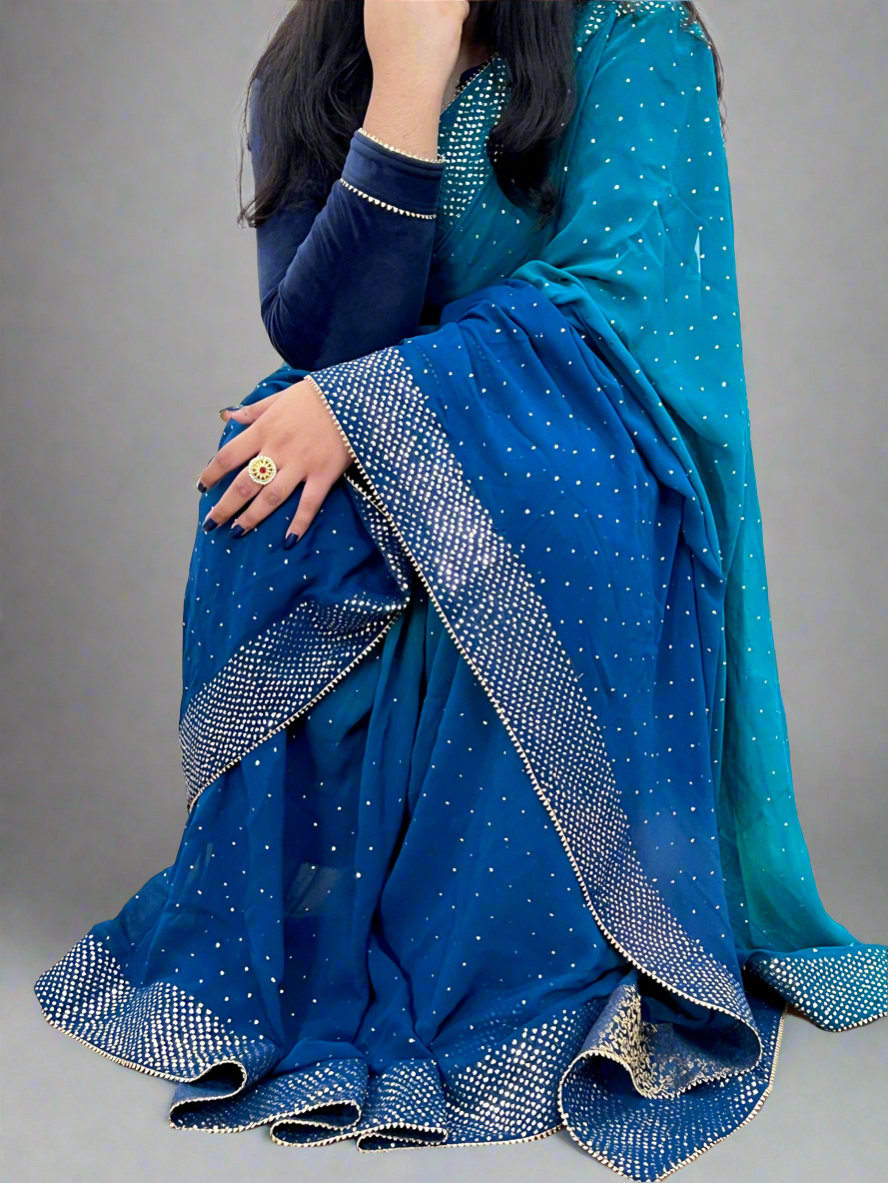 Mukaish Saree in Peacock Blue-Green on Pure Georgette