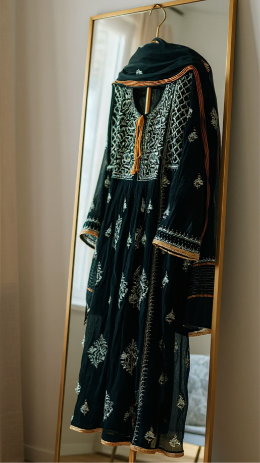 Black Mul Chanderi Peshwaz with Chikankari & Kamdani