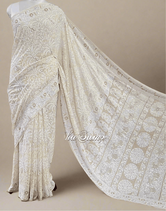 Ivory Pure Georgette Saree with Chikankari & Embellishments