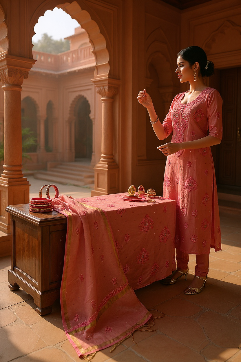 Carrot Pink Tissue Chanderi Silk Suit