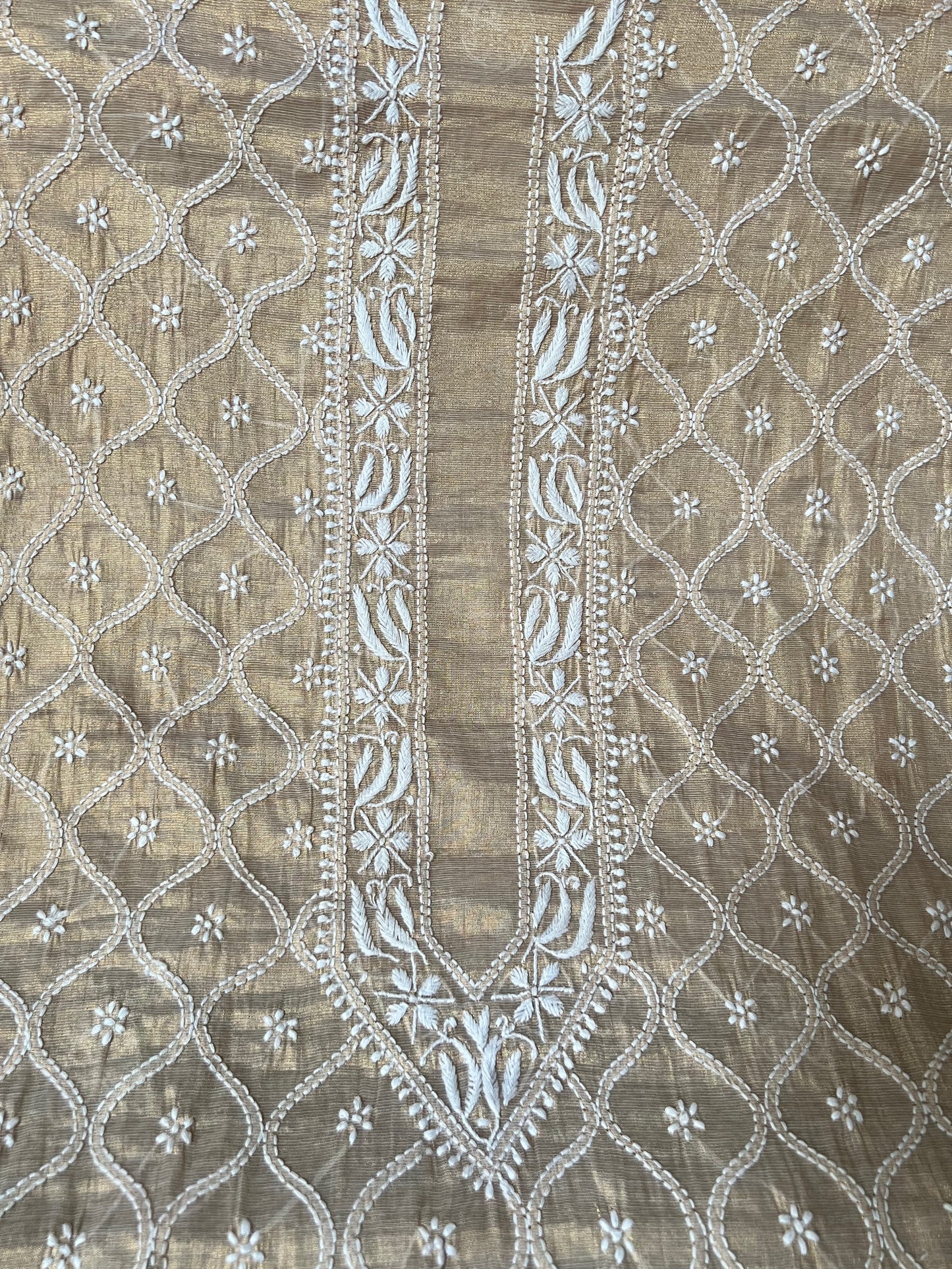 Close up of Chikankari Kurta for Men- Tissue Silk