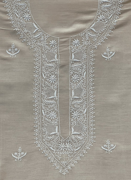 Neckline of Pure Munga Silk Chikankari Kurta