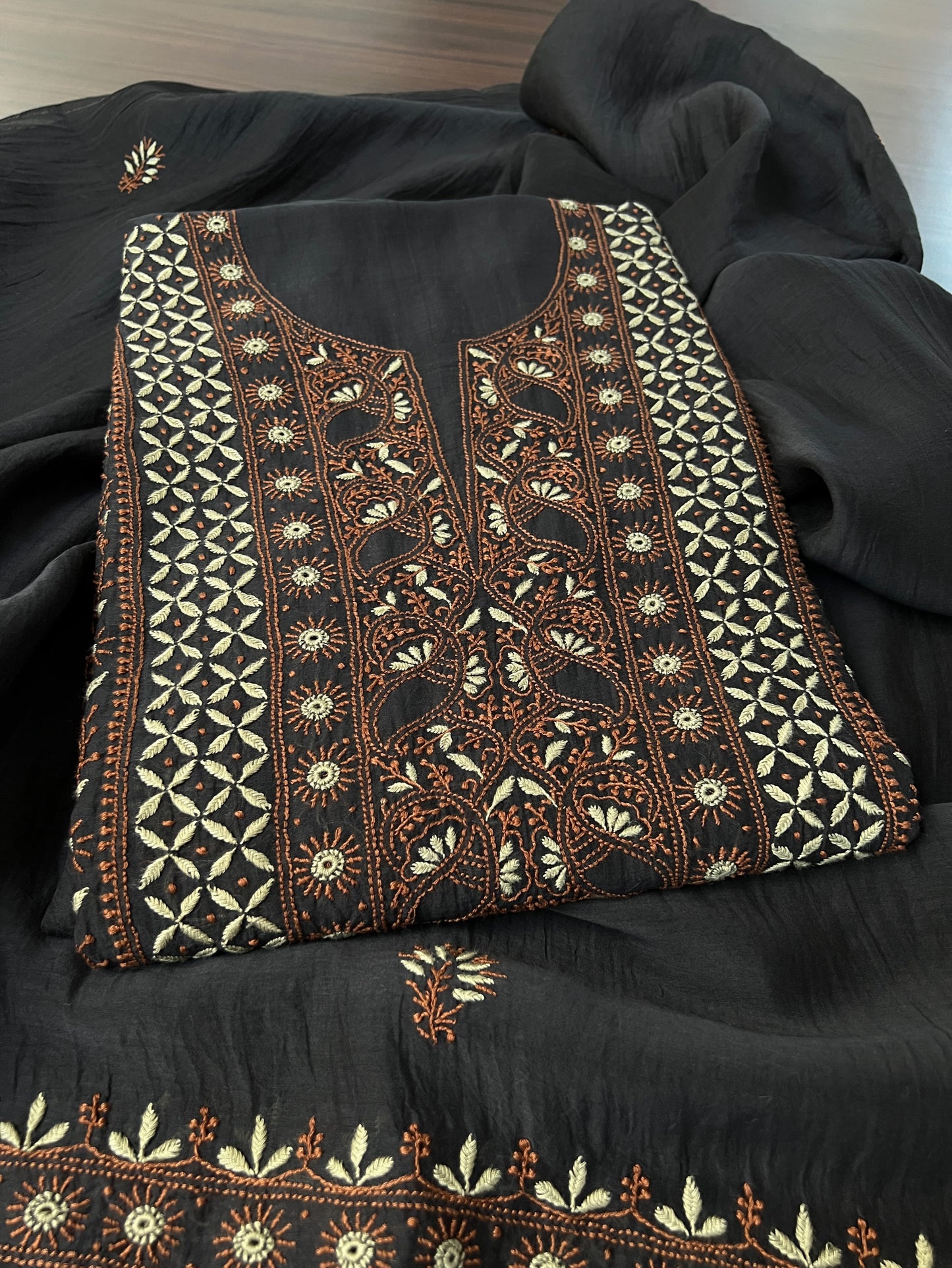 Black Mul Chanderi Suit with Dual tone Chikankari