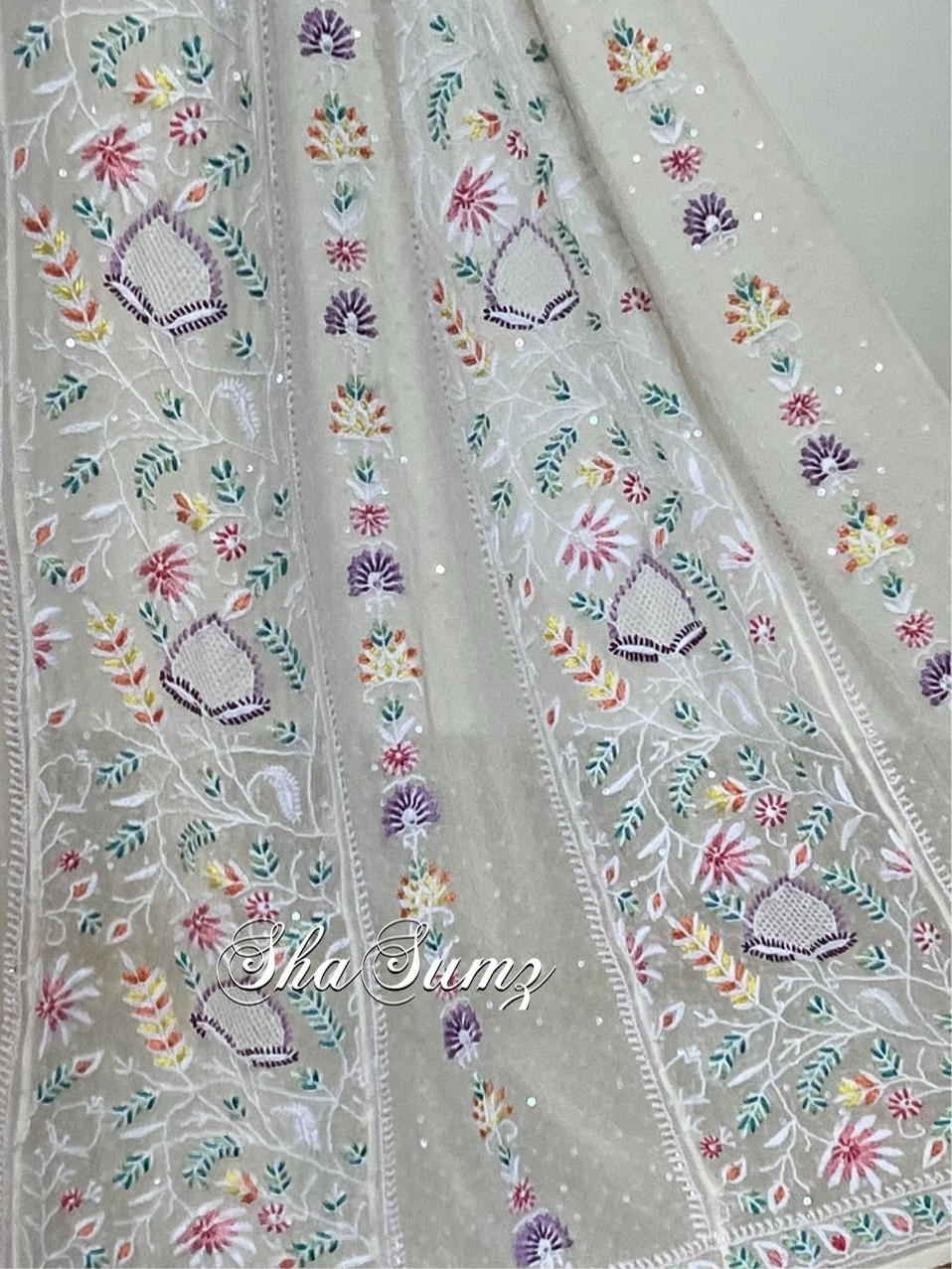 Close up of ShaSumz Signature anarkali with multicolour resham flare
