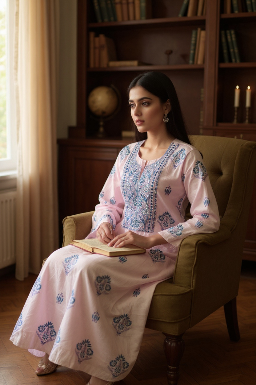 Powder Pink Mul Chanderi Suit with Blue & Purple Chikankari