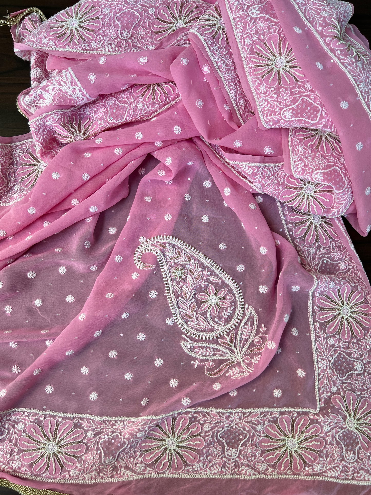 English Rose Pure Georgette Dupatta with Chikankari & Embellishments